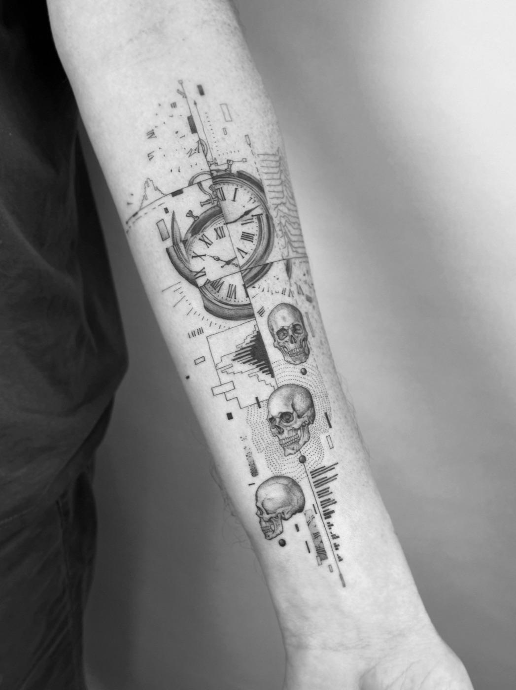 Skulls and clock tattoo