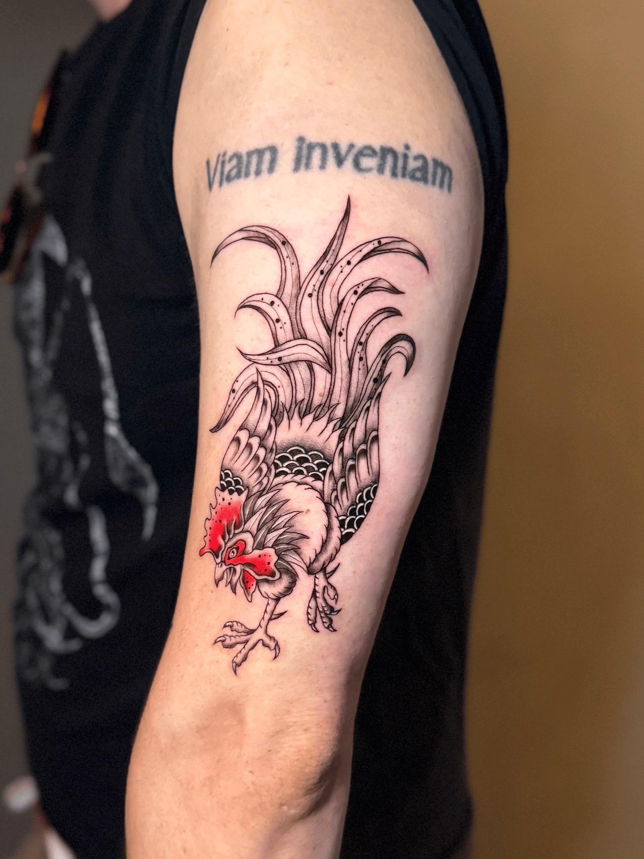 Rooster and script tattoo