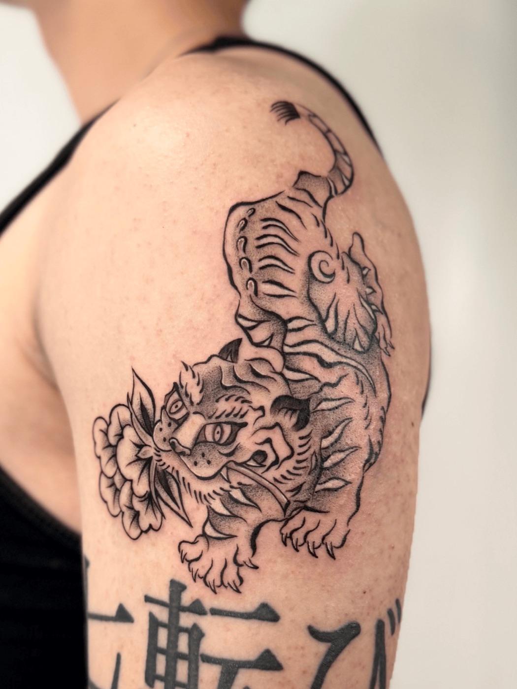 Japanese tiger and peony tattoo