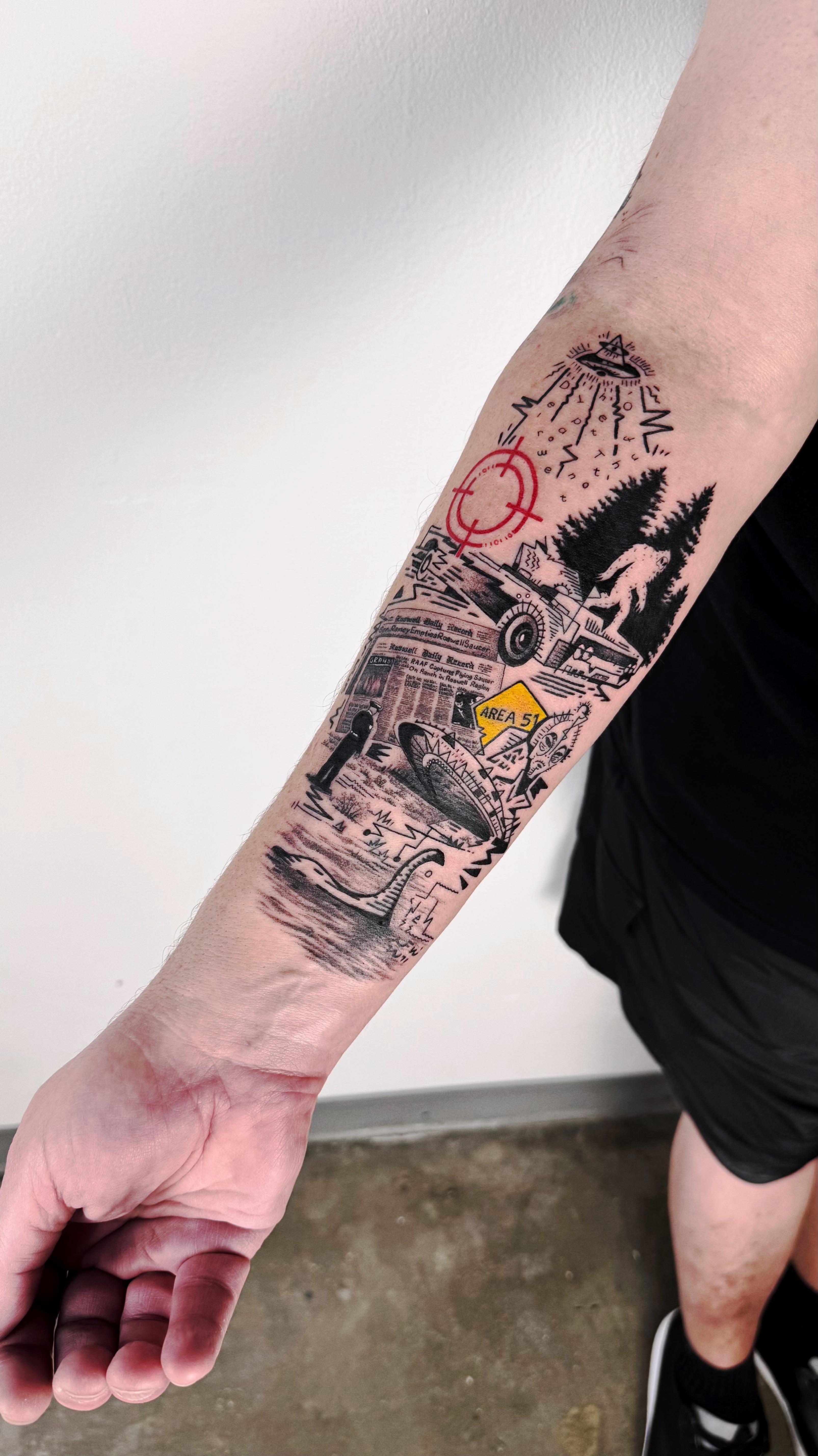 Color Area 51 UFO collage tattoo