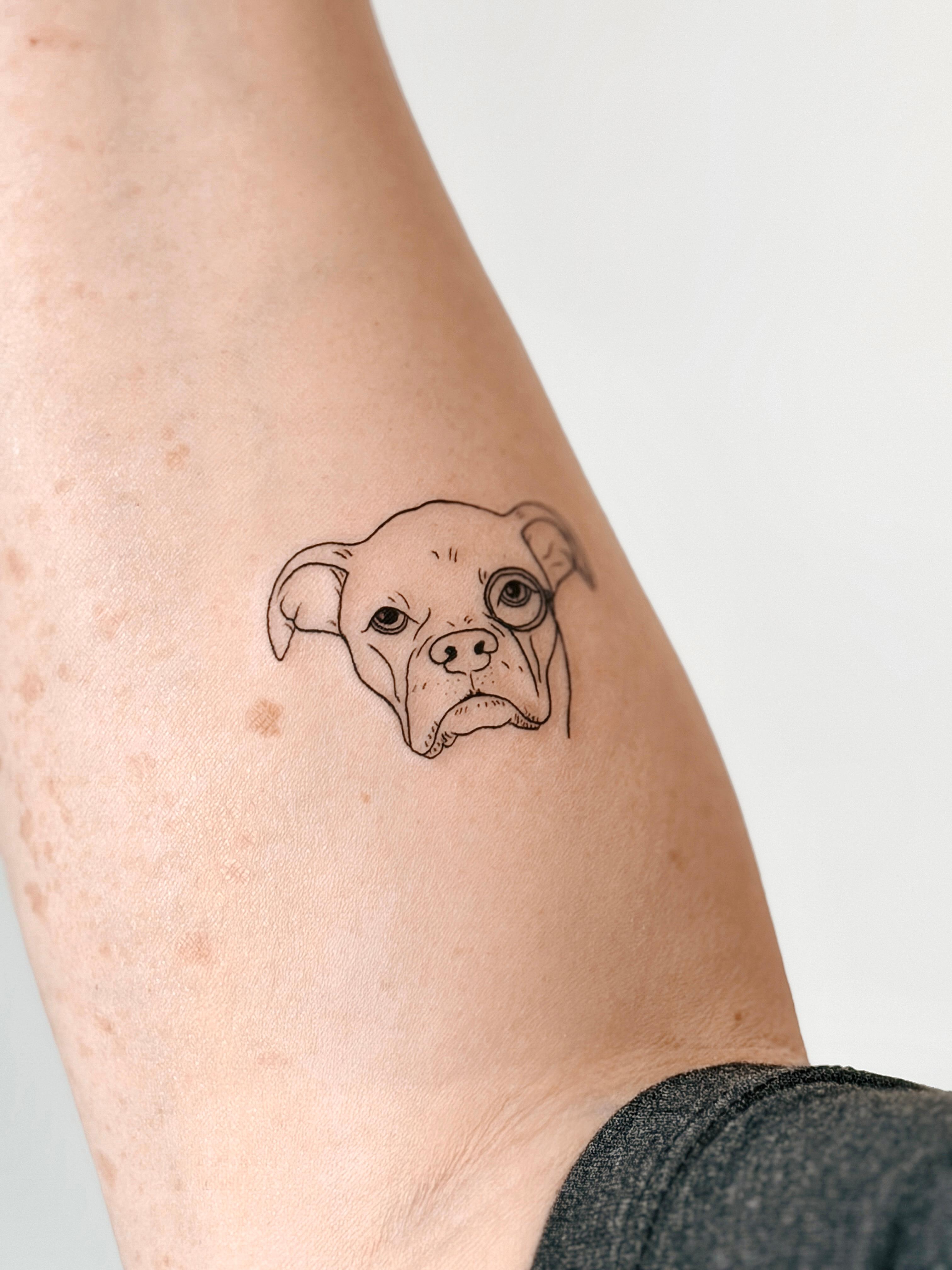Fine line dog portrait tattoo