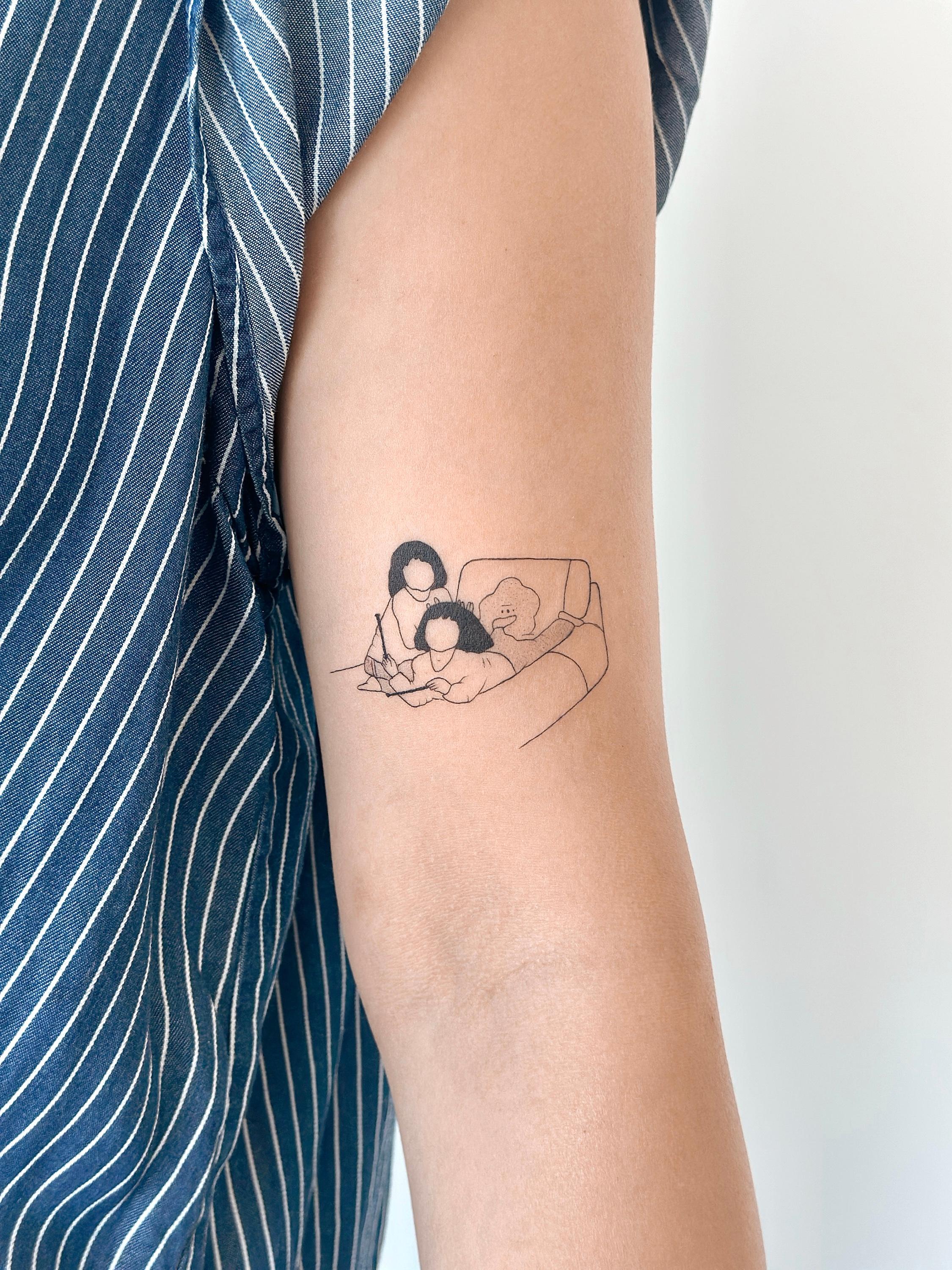 Fine line family portrait tattoo