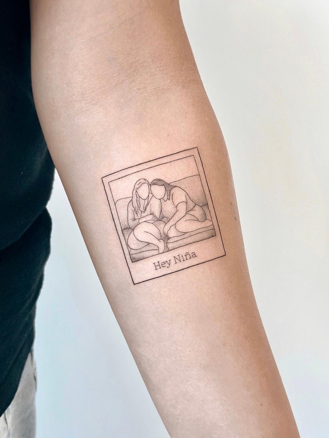 Fine line polaroid couple tattoo