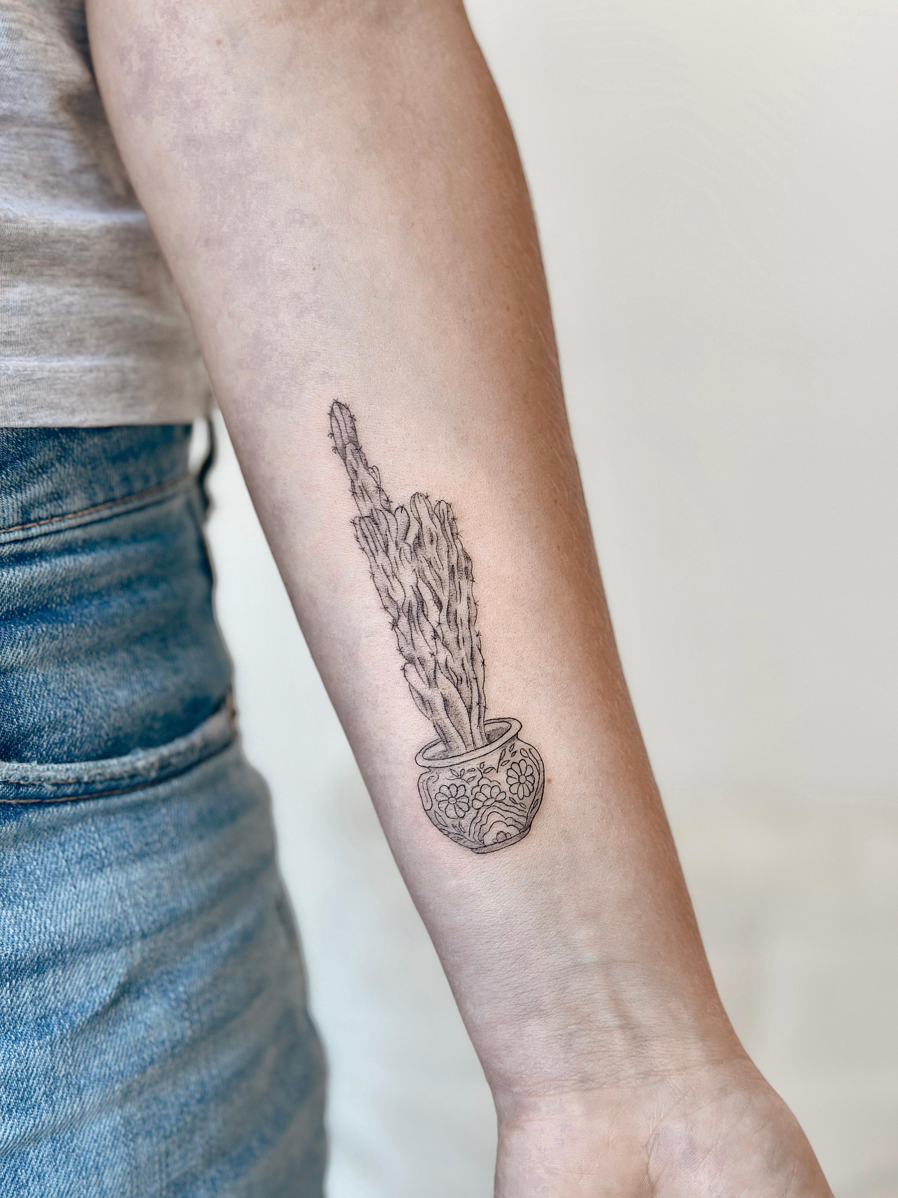 Fine line potted cactus tattoo